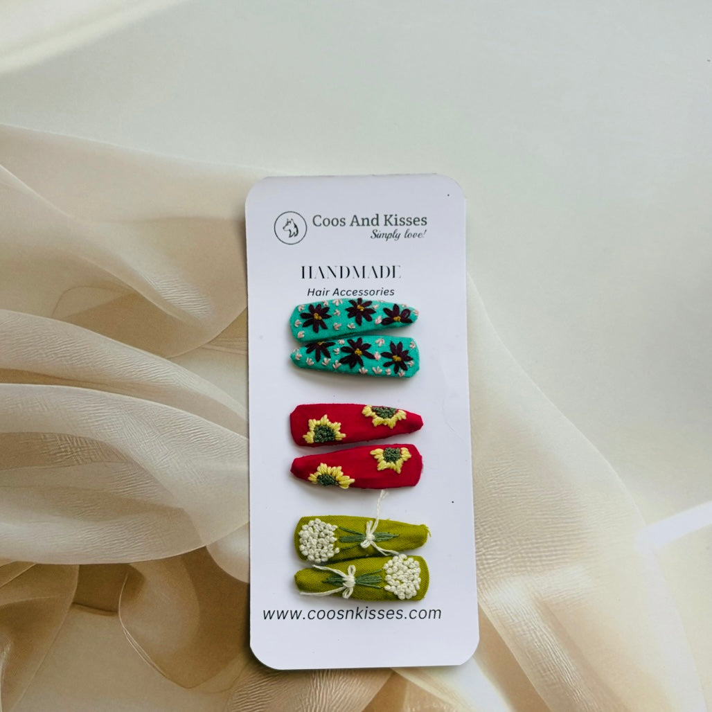 3D Embroidery Floral Hair Clips (Set of 3 Pairs)