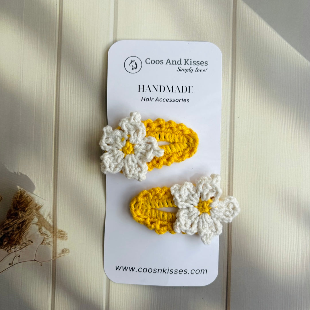 Handmade Crochet Tic-Tac Yellow Floral Clips (Pair of 2 clips)