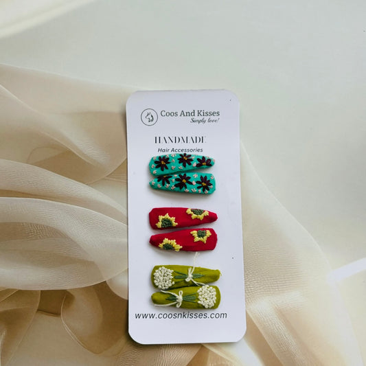 3D Embroidery Floral Hair Clips (Set of 3 Pairs)