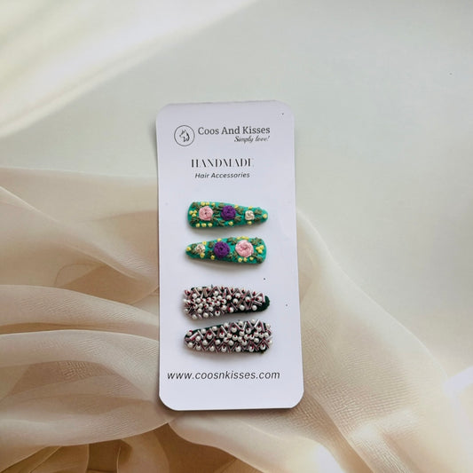 3D Embroidery Hair Clips – Elegant Floral & Pearl Set of 2 pairs (4 Clips)