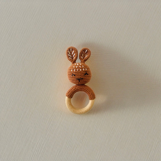 Crochet Bunny Rattle Wooden Teether (Brown)