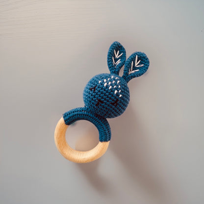 Crochet Bunny Rattle Wooden Teether (Dark Blue)